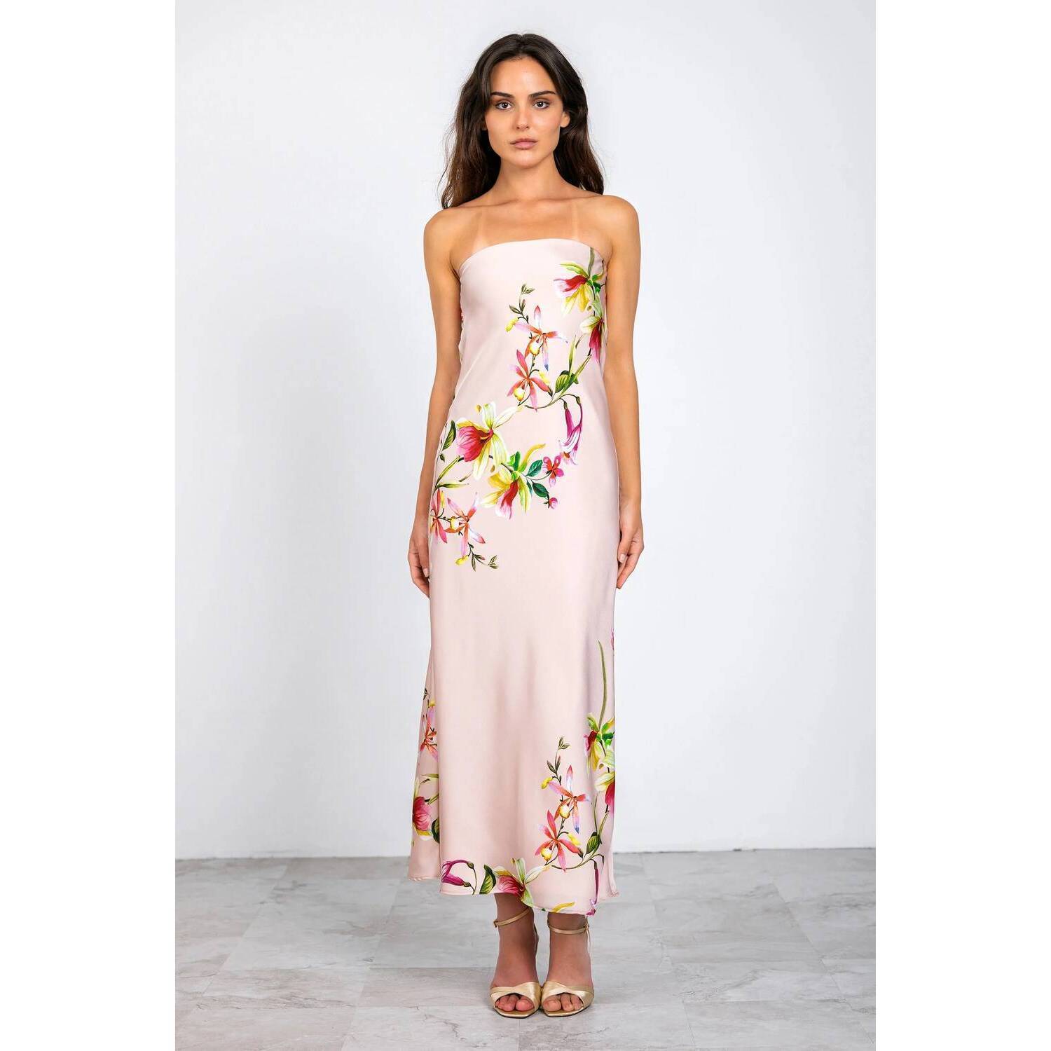 New Lavender Brown Talia Strapless Maxi Dress In Blush/Pink Combo